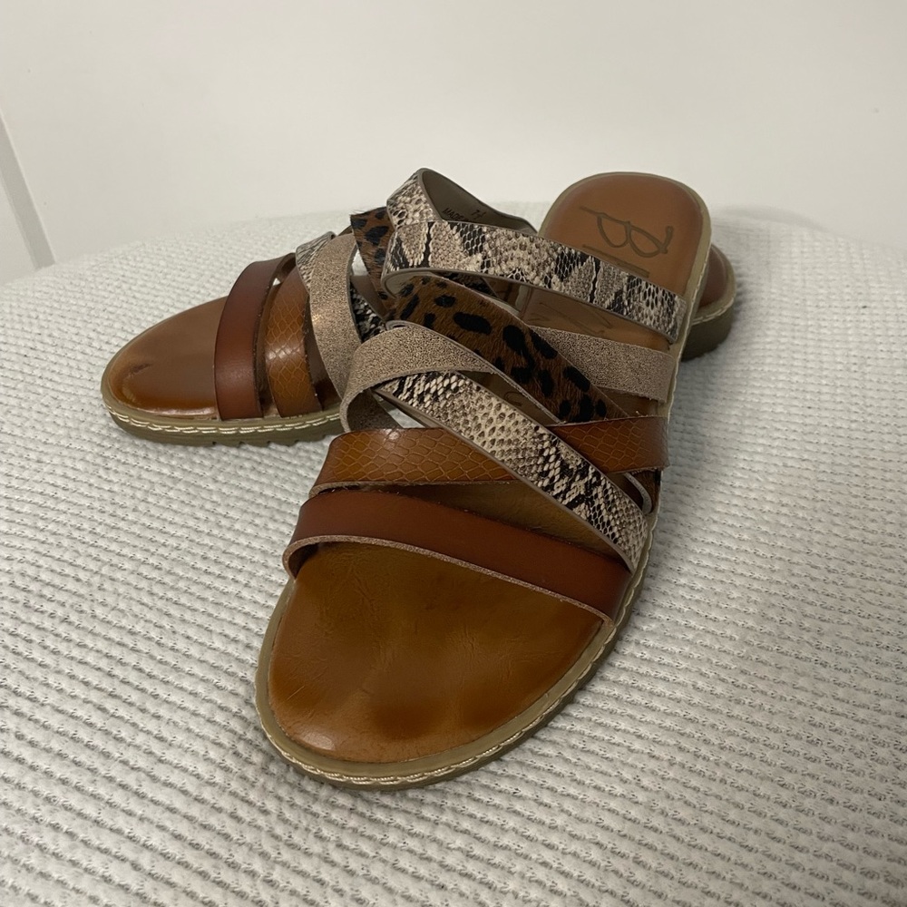 Blowfish Malibu Strappy Sandals Brown Tan Snake Skin Print 7 1/2